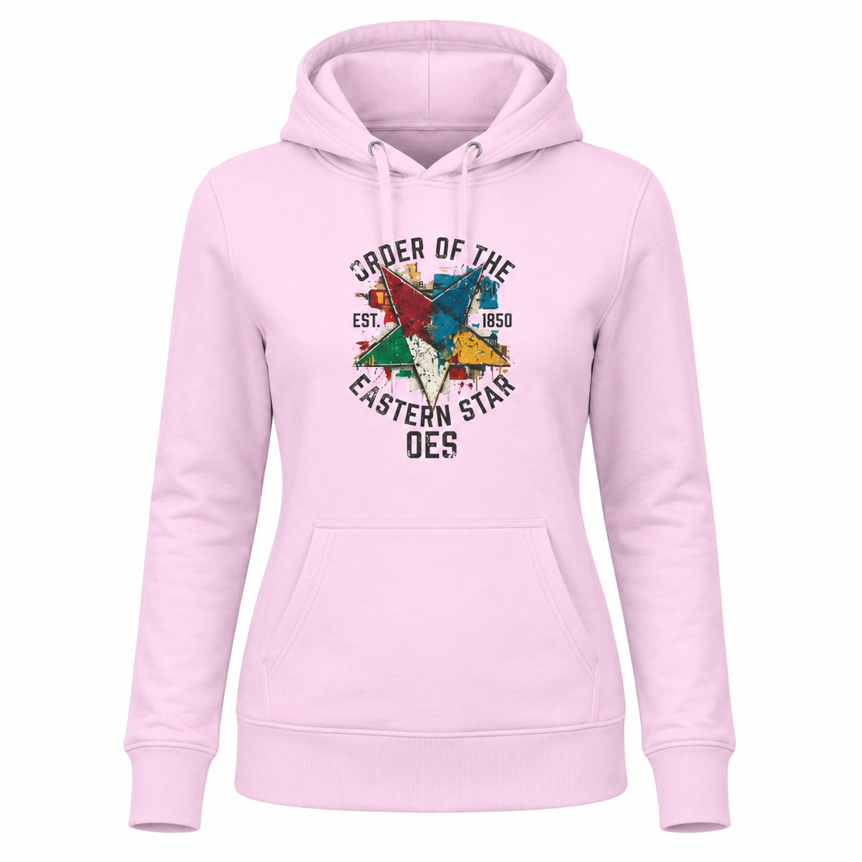 Pink hoodie with colorful graphic and text on a white background