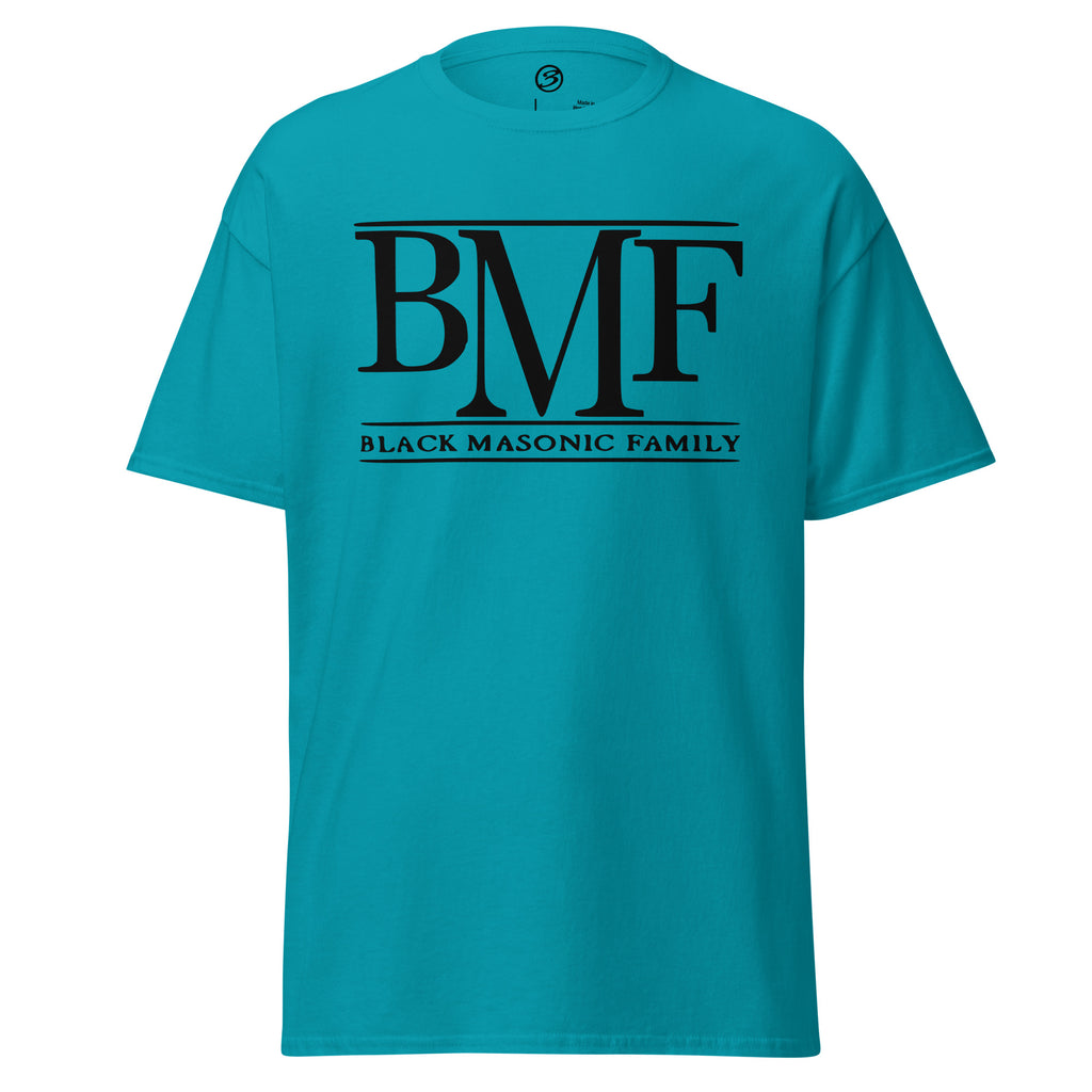 Turquoise t-shirt with 'BMF Black Masonic Family' text on a white background