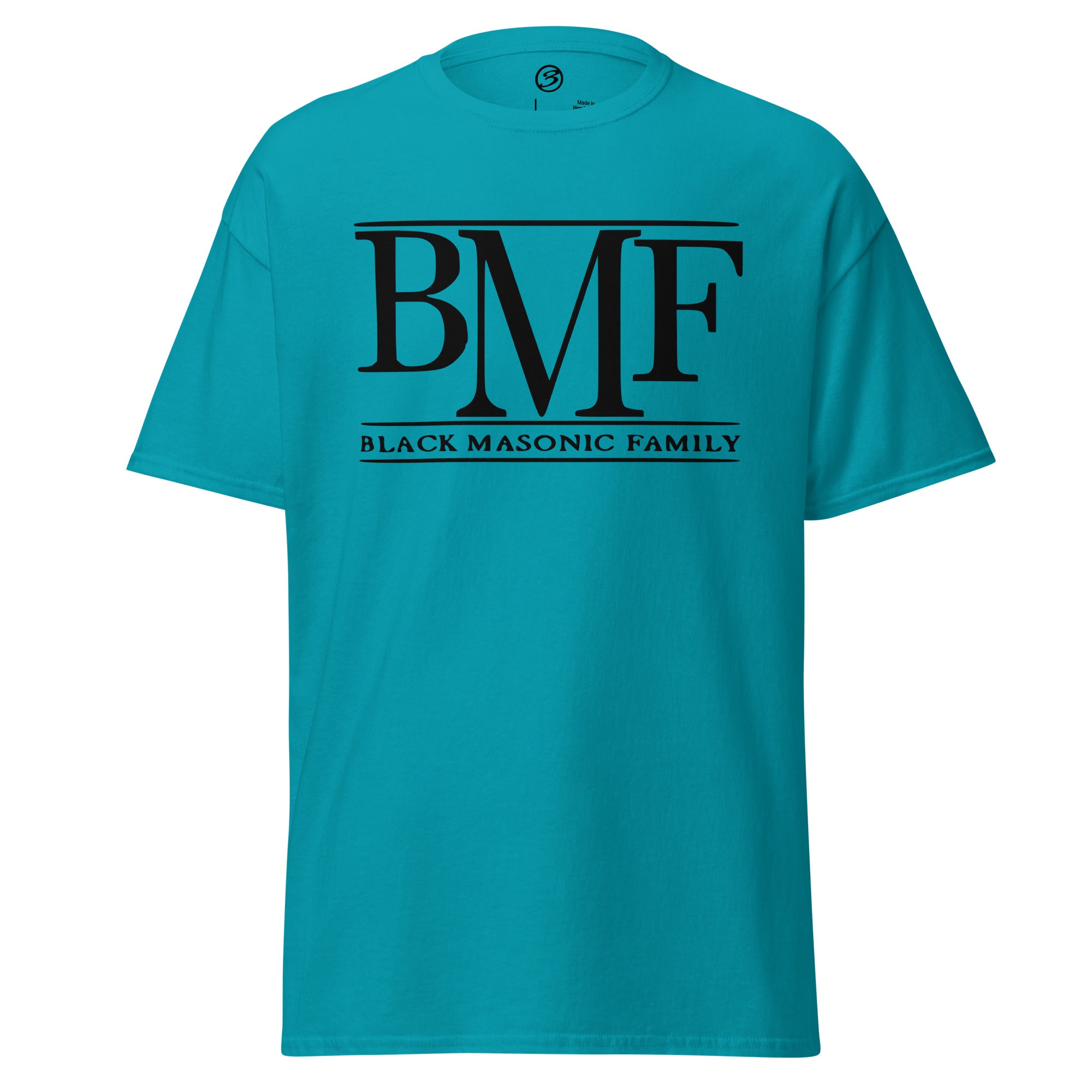 Turquoise t-shirt with 'BMF Black Masonic Family' text on a white background