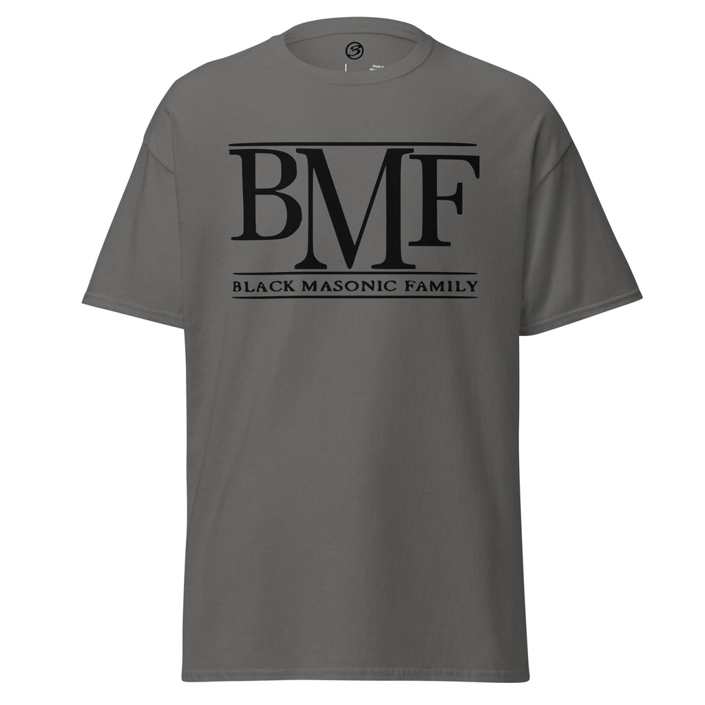 Gray t-shirt with a black and white graphic design on a white background