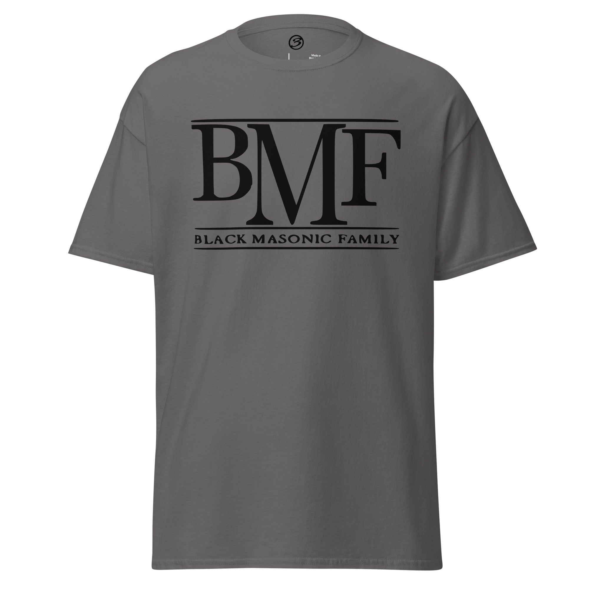 Gray t-shirt with a black and white graphic design on a white background