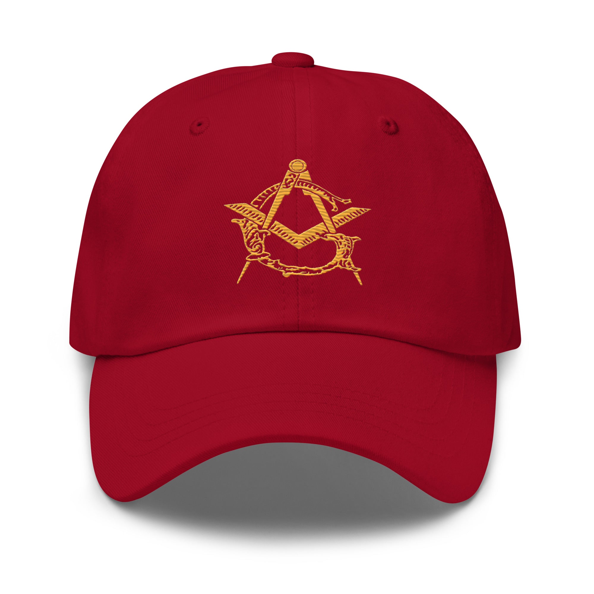 Red cap with a gold embroidered symbol on a white background