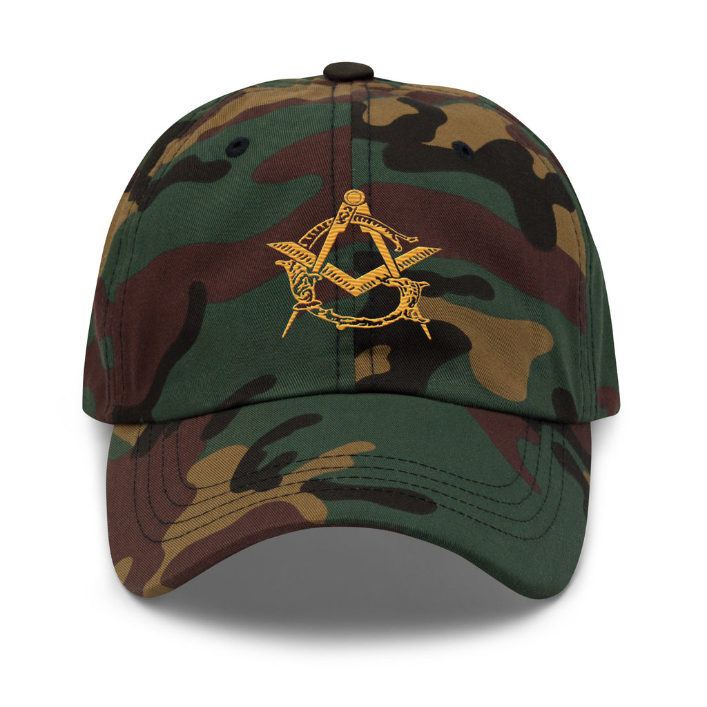 Camouflage baseball cap with a gold emblem on a white background