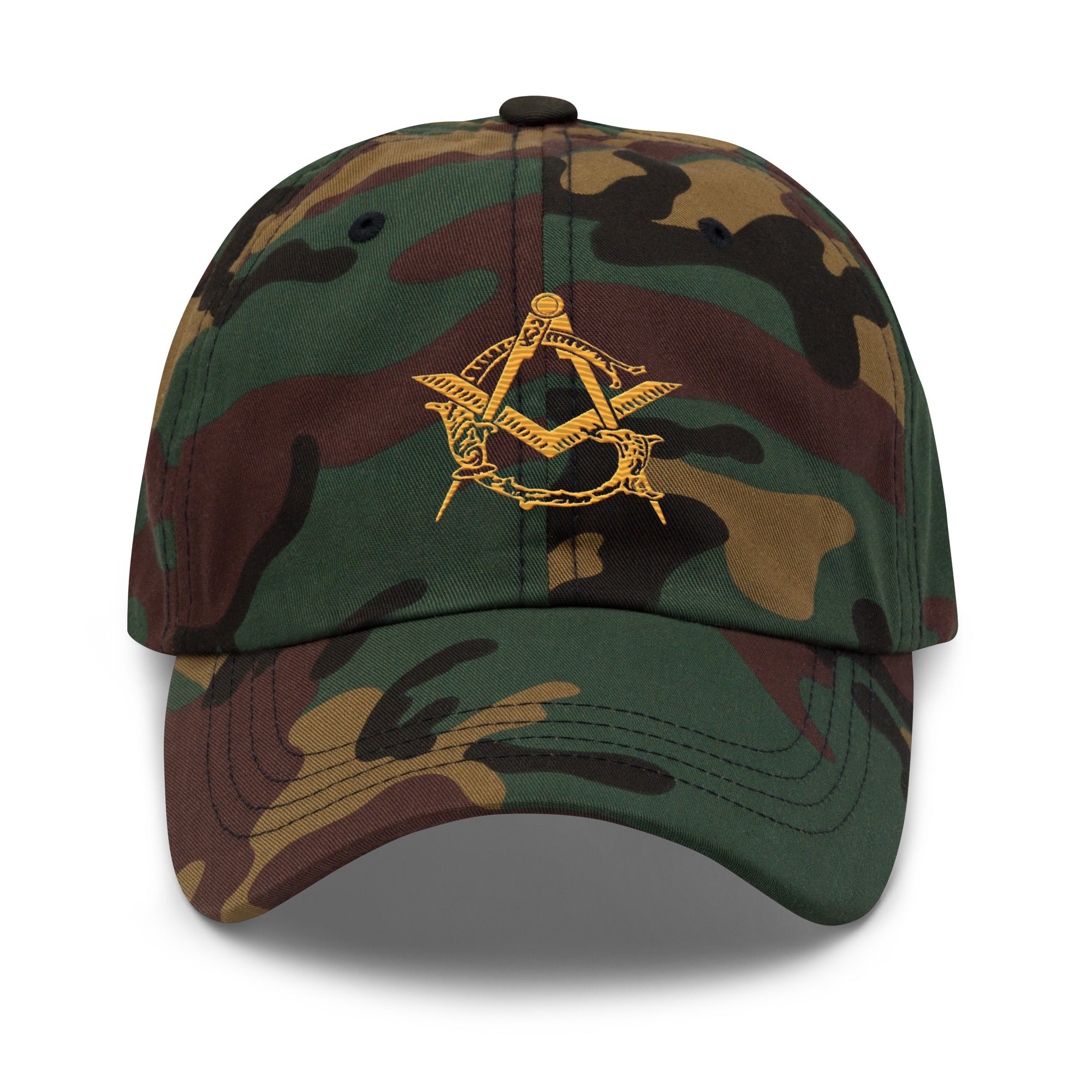 Camouflage baseball cap with a gold emblem on a white background