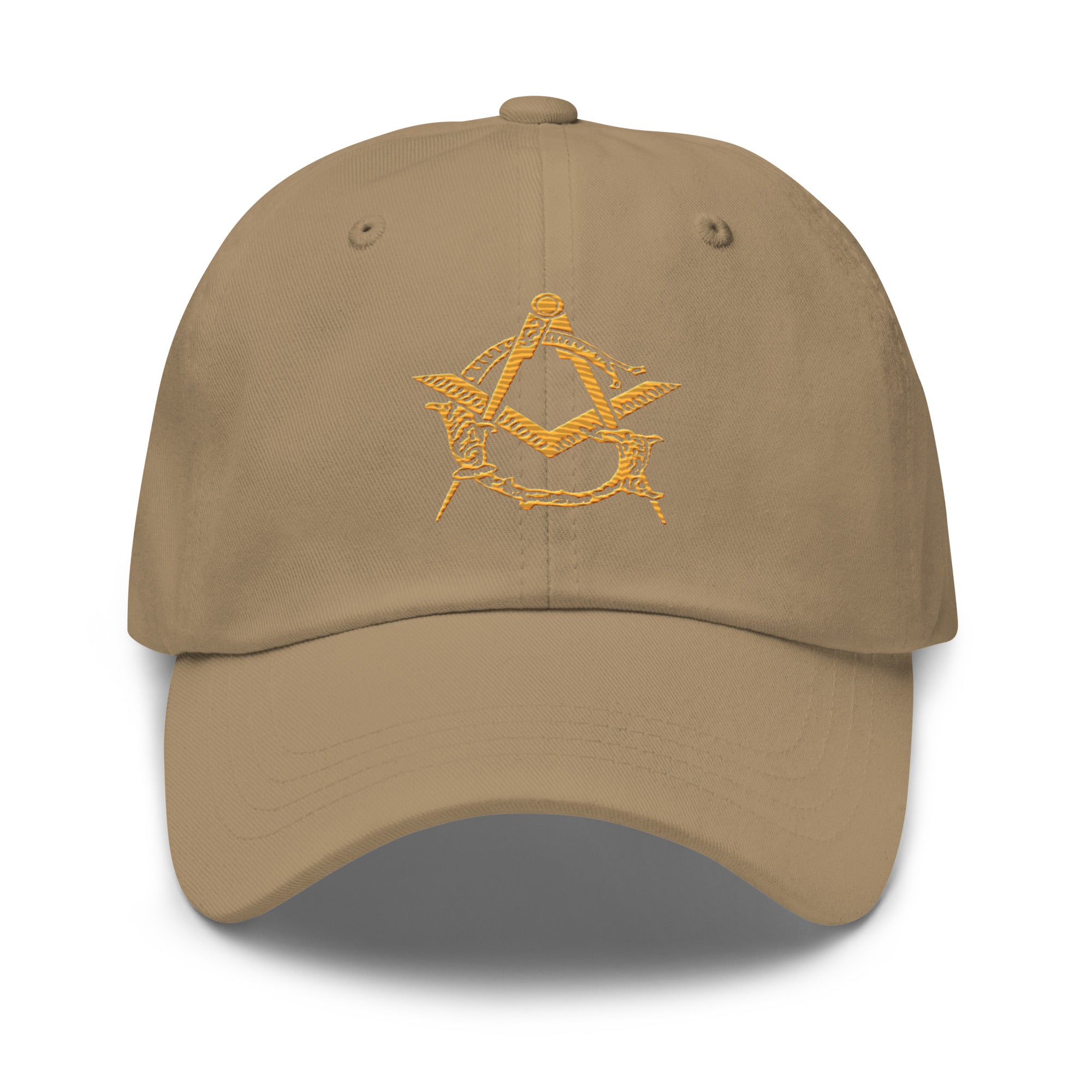 Brown cap with yellow embroidered design on a white background