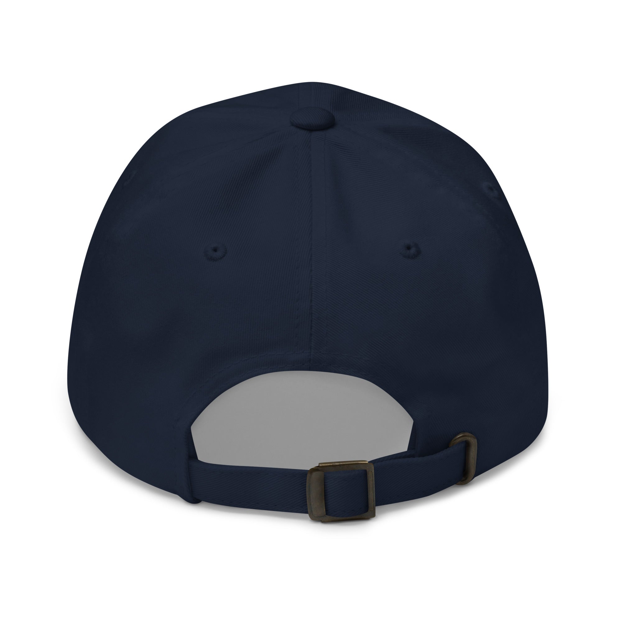 Navy blue cap with a gray patch and brown buckle on a white background