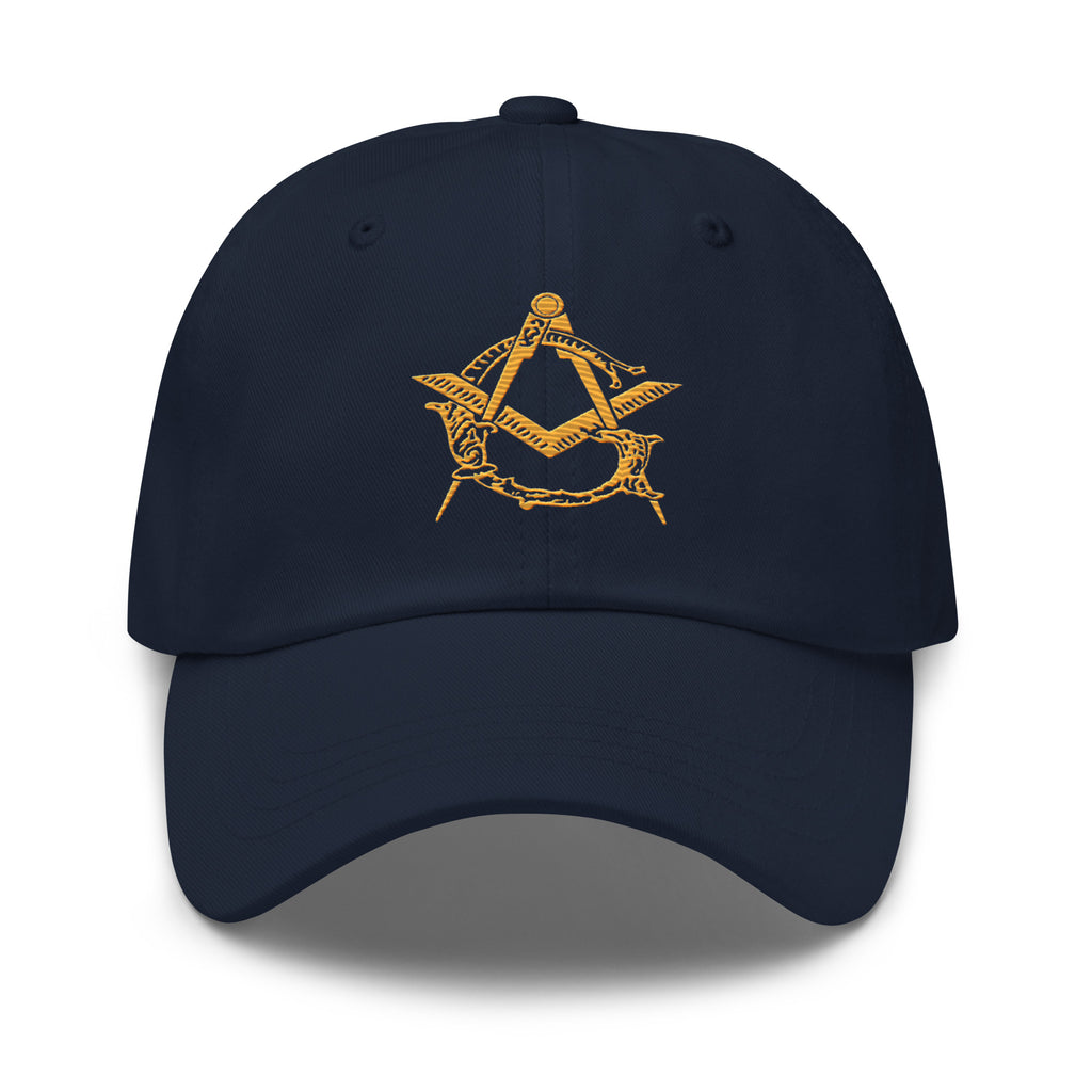 Navy blue cap with yellow Masonic symbol on a white background