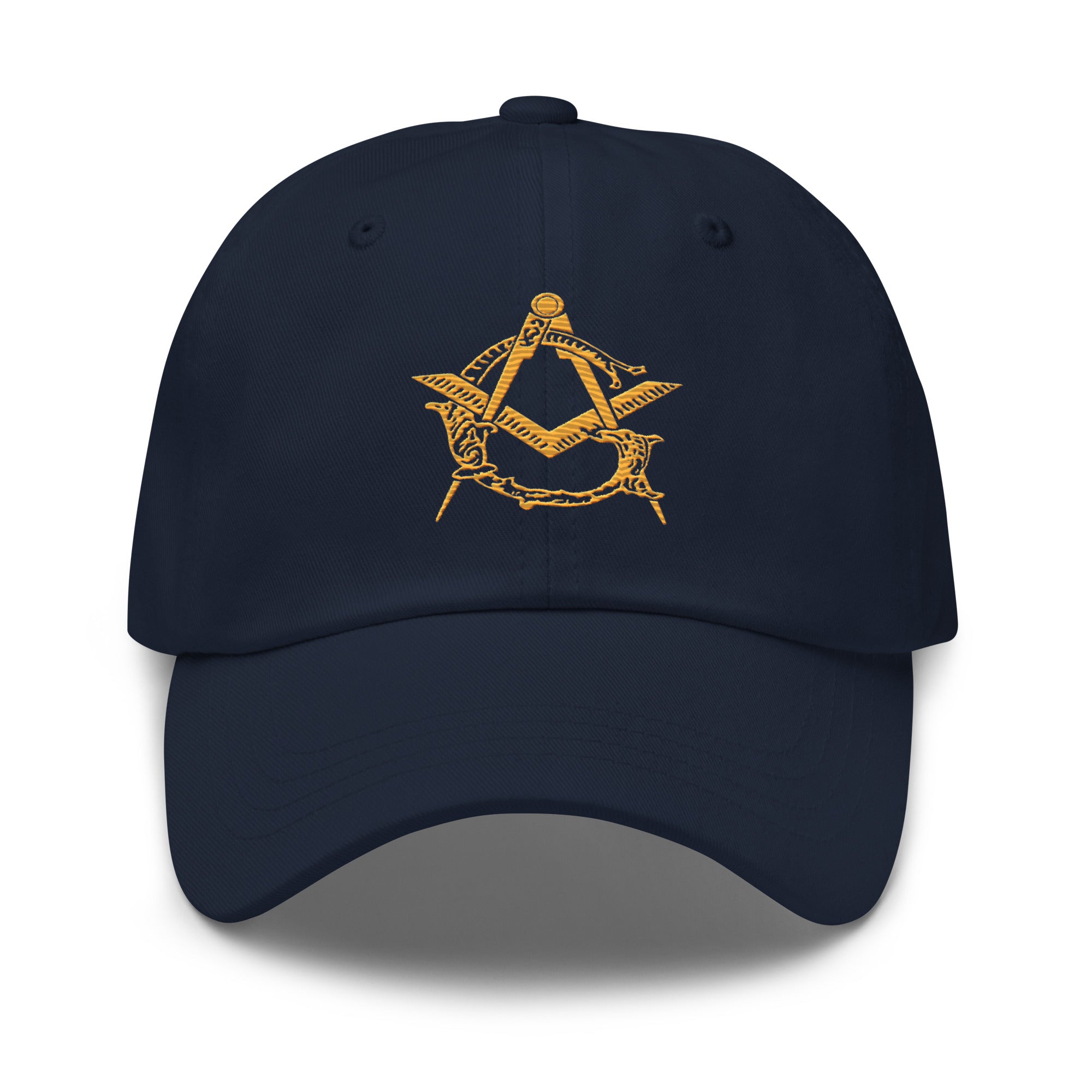 Navy blue cap with yellow Masonic symbol on a white background