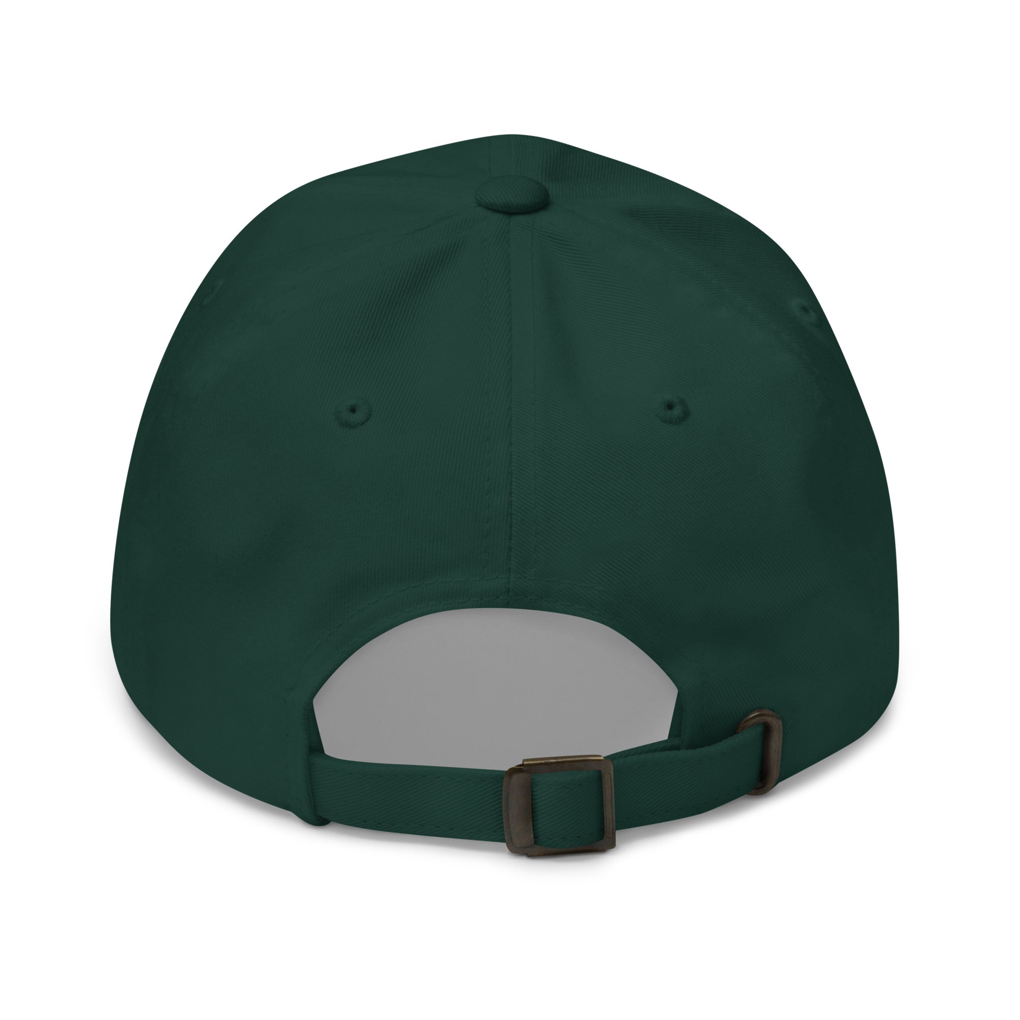 Dark green baseball cap with a brown buckle on a white background