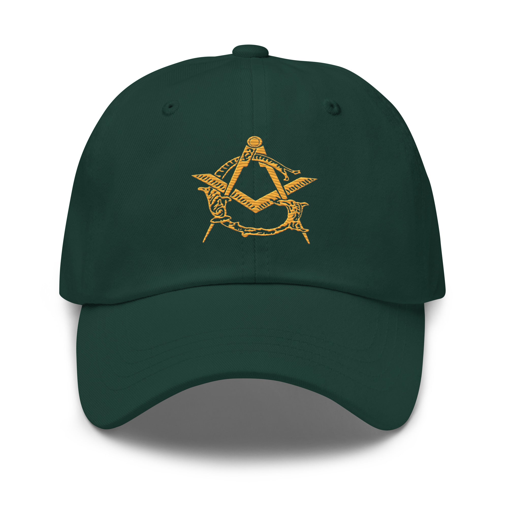 Green cap with gold embroidered symbol on a white background