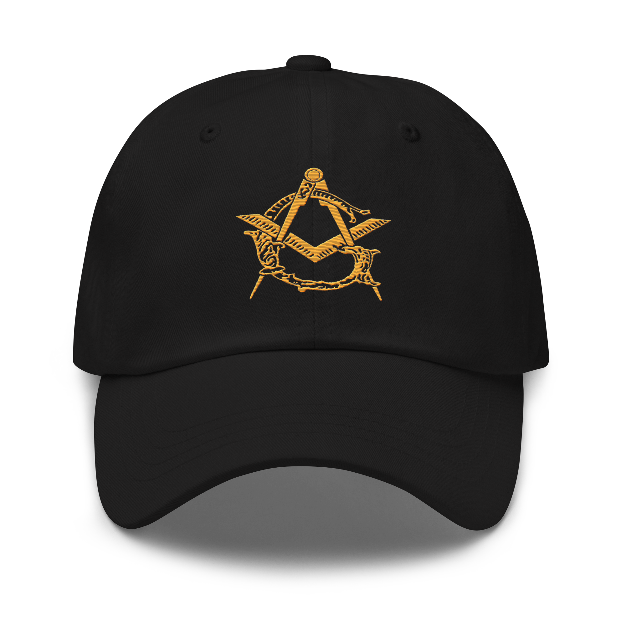 Black cap with yellow Masonic symbol on a white background