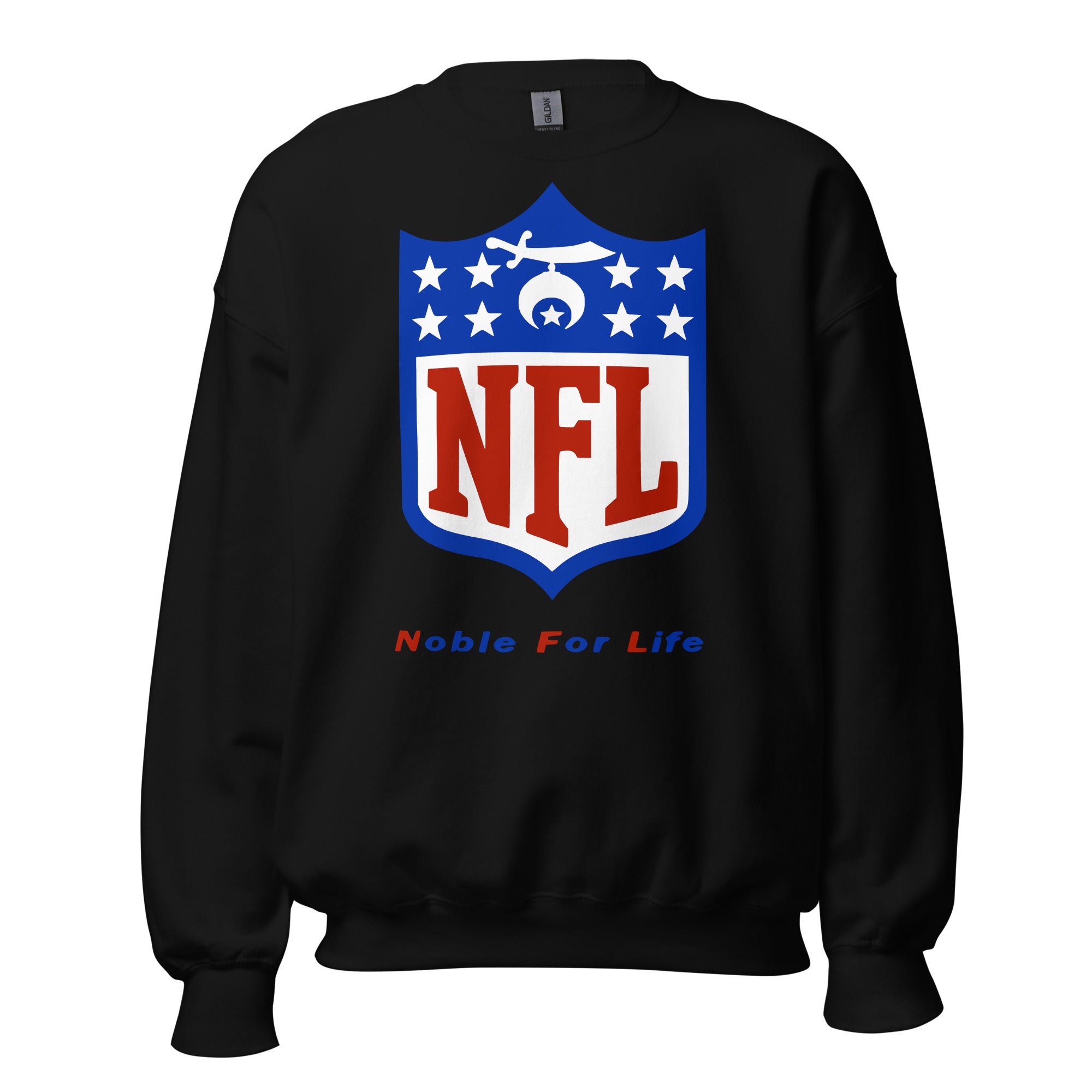 Black sweatshirt with NFL logo and 'Noble For Life' text on a white background