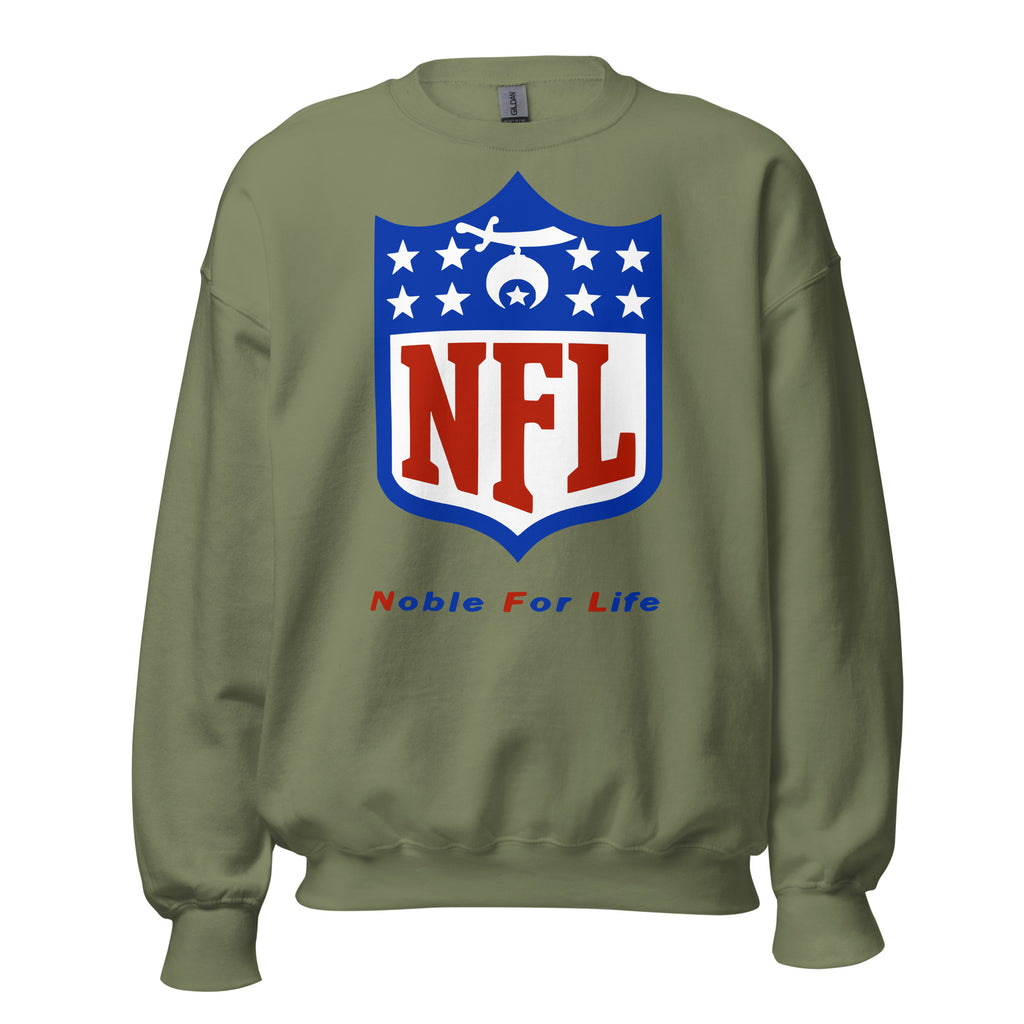 Green sweatshirt with NFL logo and 'Noble For Life' text on a white background