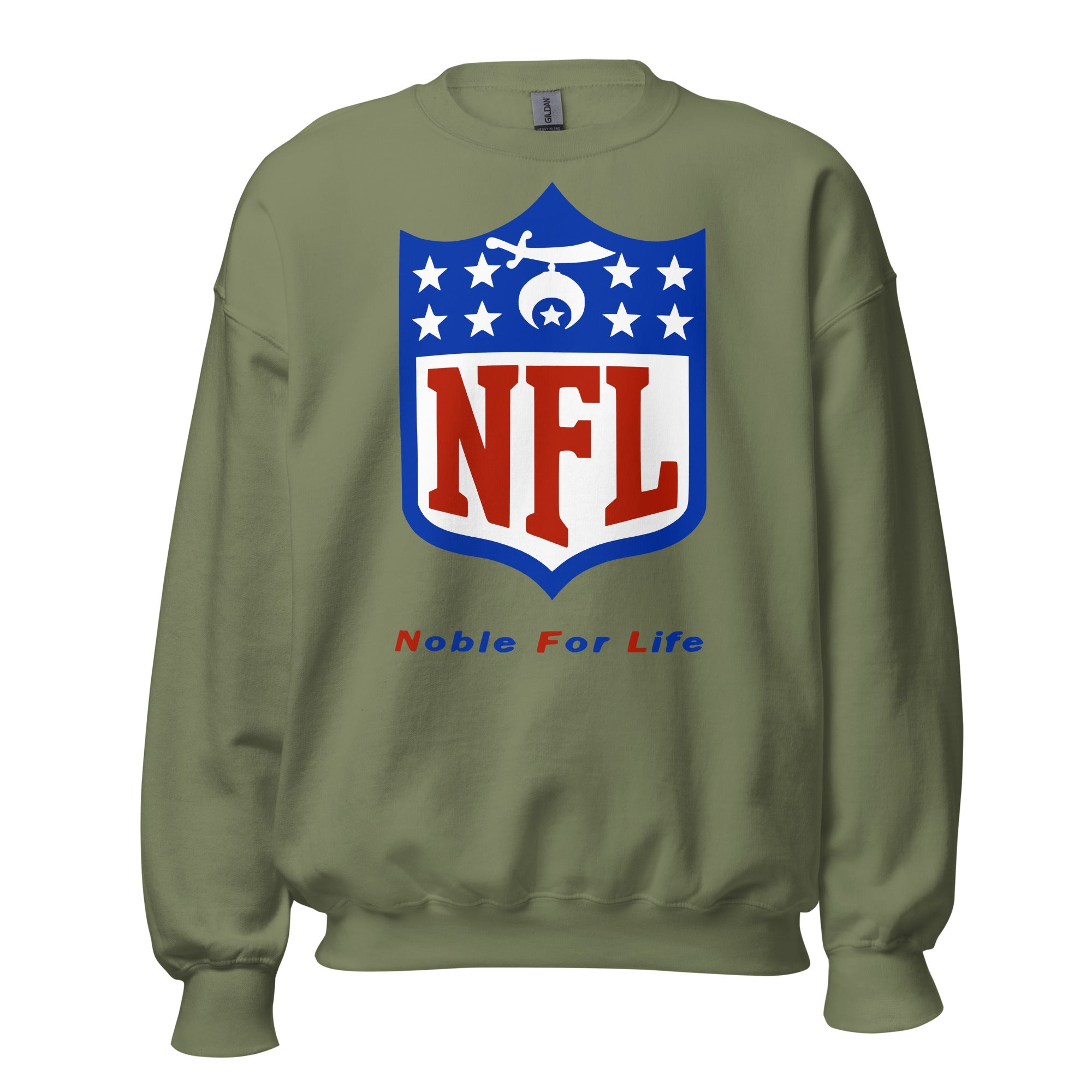 Green sweatshirt with NFL logo and 'Noble For Life' text on a white background