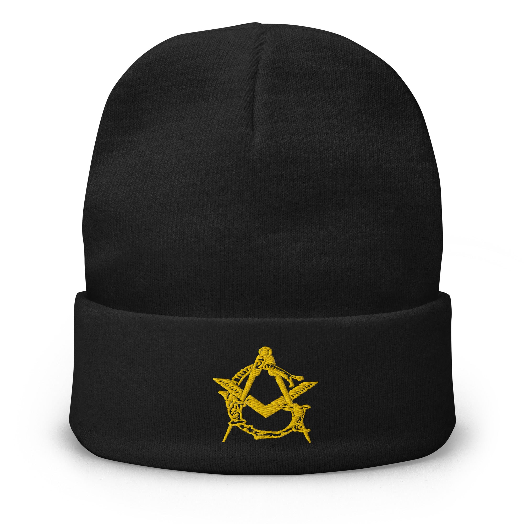 Black beanie with yellow Masonic symbol on a white background
