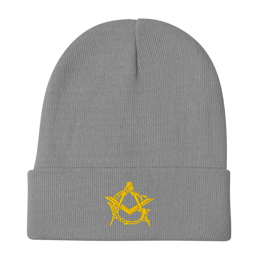 Gray beanie with a yellow Masonic symbol on a white background