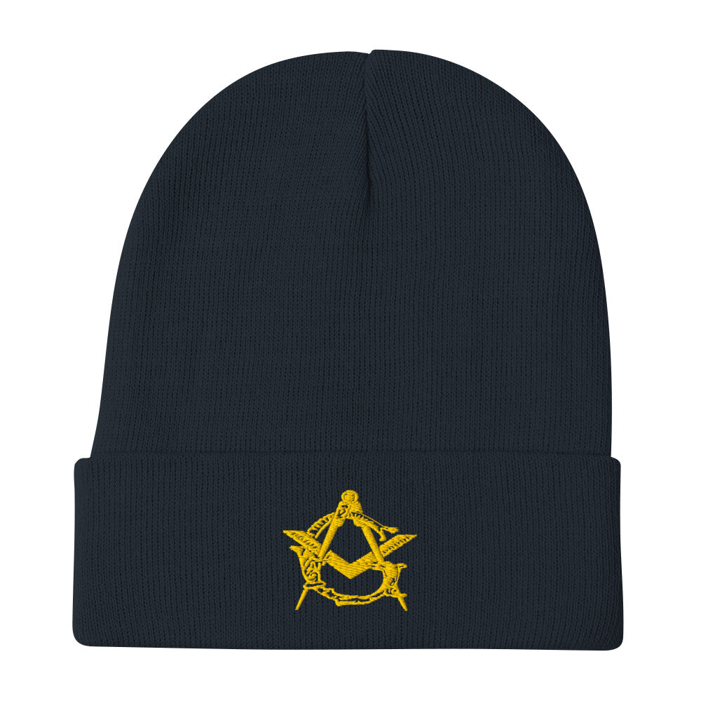 Navy Blue beanie with yellow Masonic symbol on a white background