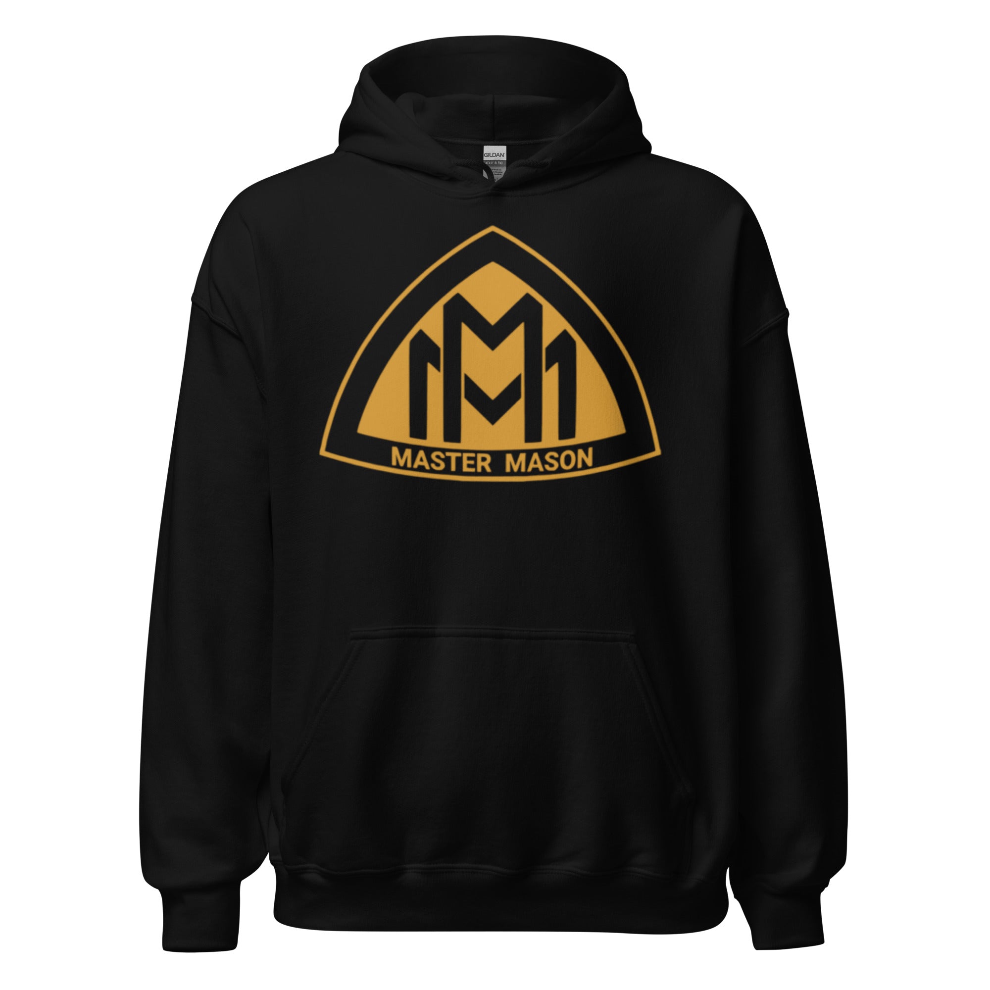 Black hoodie with gold and yellow 'Master Mason' logo on a white background